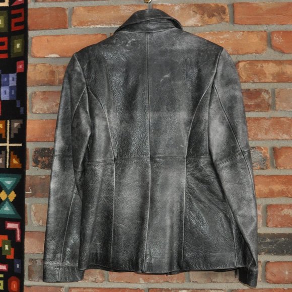 Vintage 90s Danier Tailored Grey Distressed Leather Coat Jacket P US 4-6 - Picture 9 of 11